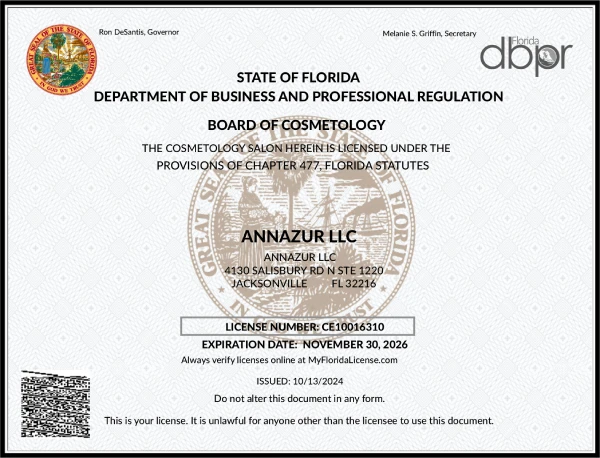ANNAZUR Florida cosmetology license