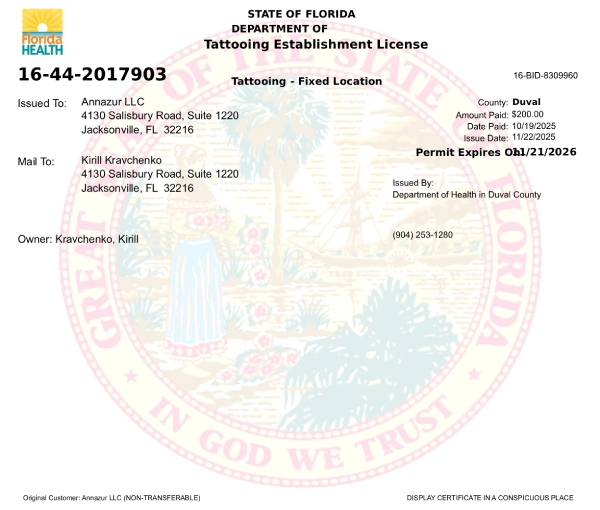 ANNAZUR Florida tattooing license