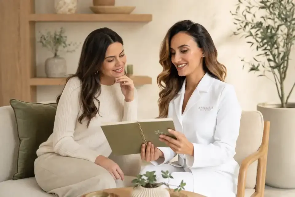 ANNAZUR esthetician and a client reviewing a Brazilian wax rebooking plan