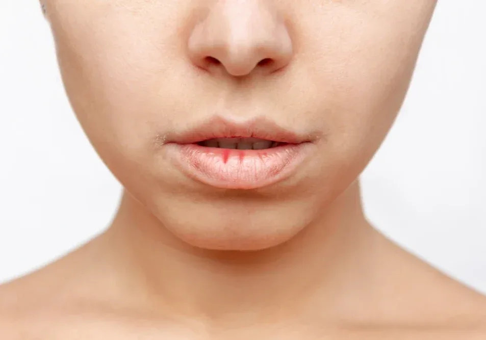 Natural crust formation appears during dry healing after lip makeup.