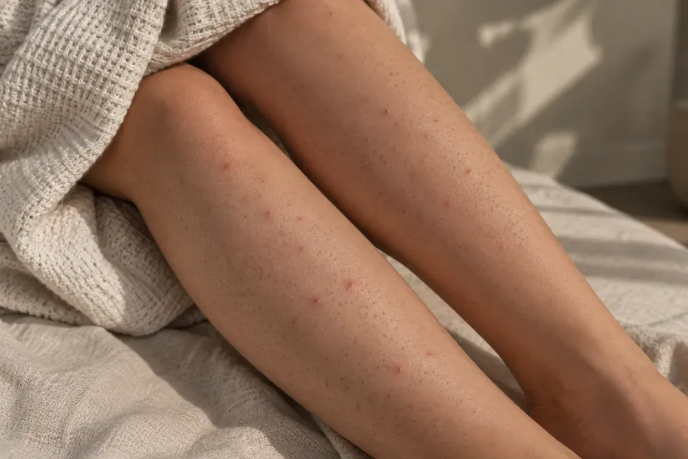Close-up of freshly waxed legs on a bed, showing smooth skin right after a waxing appointment