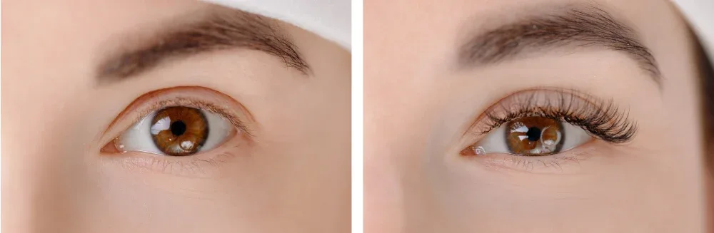 A before-and-after photo showcasing the harmonious and professional look of salon eyelash extensions compared to uneven DIY results.