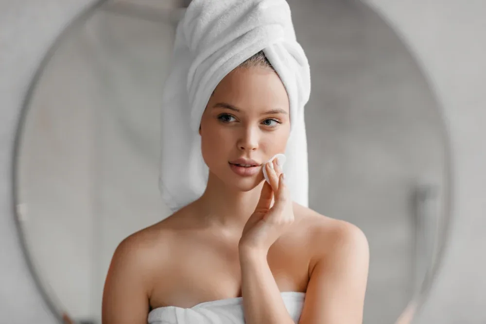 A woman with her hair in a towel cleans her face.