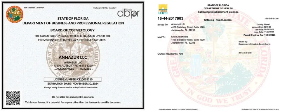 Examples of Florida state licenses for cosmetology, showing the required certification for lash artists in the USA.