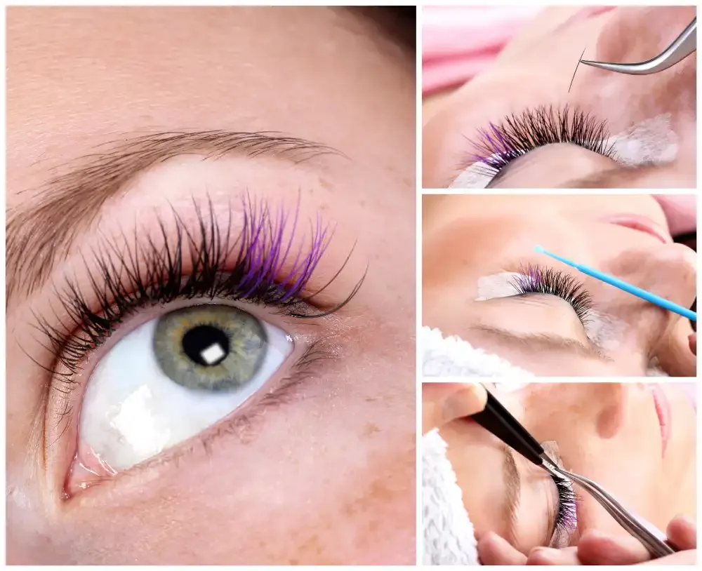 A collage shows eyelash extension materials discussed during consultation.
