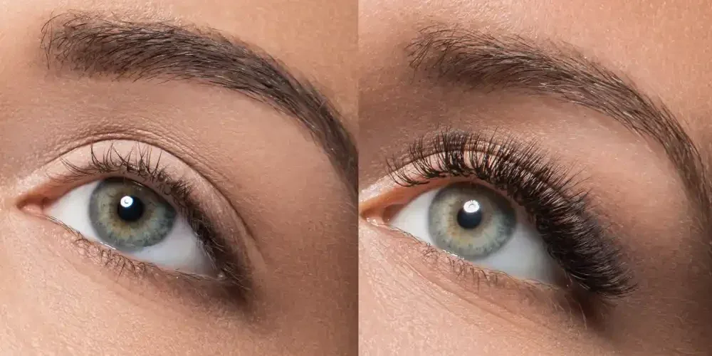 A high-quality before-and-after photo from a lash technician's portfolio, demonstrating their skill and the results of their work.
