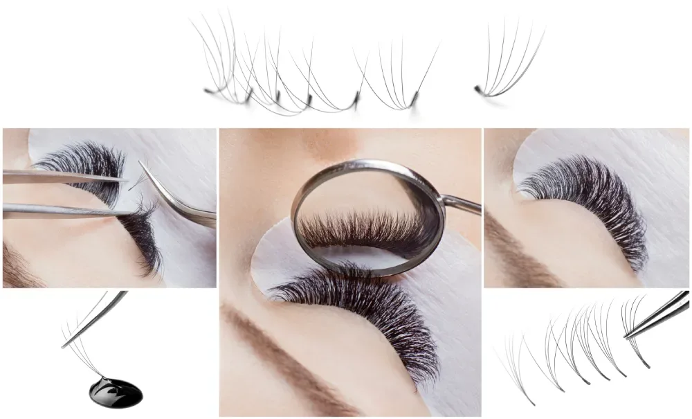 A collage shows lash extension procedure stages and aftercare.