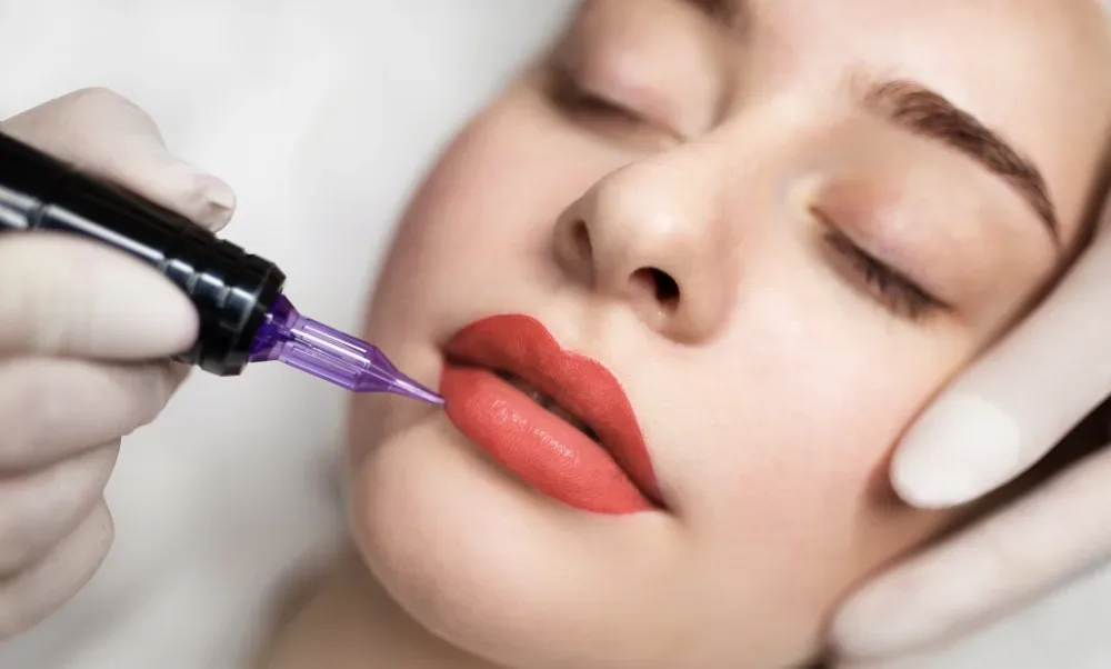 A technician uses a machine to perform a lip blush procedure, illustrating a correction or a method to fix a bad lip tattoo.