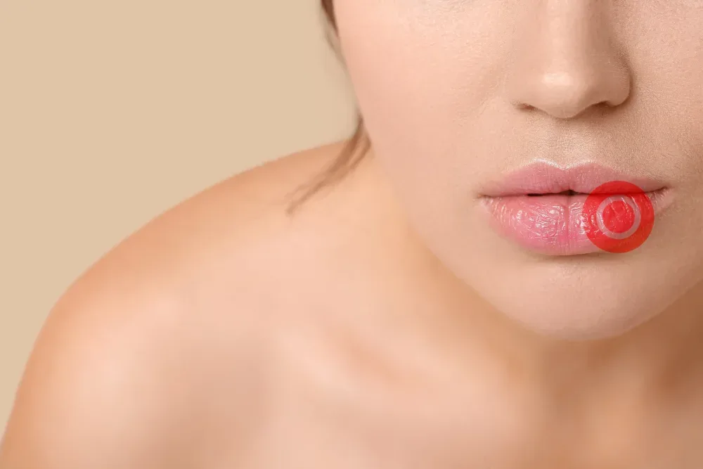 A graphic highlights a cold sore on a woman's lips, representing the risk of herpes activation as a side effect of lip blushing.