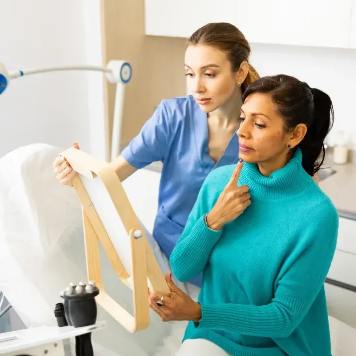 A technician performs a consultation and assessment for a lip neutralization, explaining the plan to the client who is looking in a mirror.