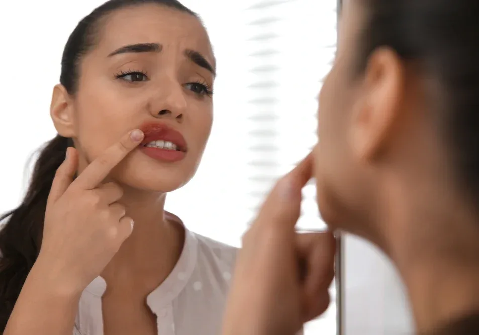 A woman in the mirror sees a herpes outbreak, illustrating the critical need for antiviral medication during lip neutralization aftercare.