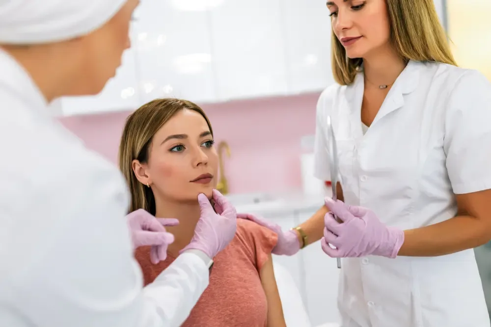A client is examined by specialists to screen for medical and skin contraindications that would prohibit a lip tattoo procedure.