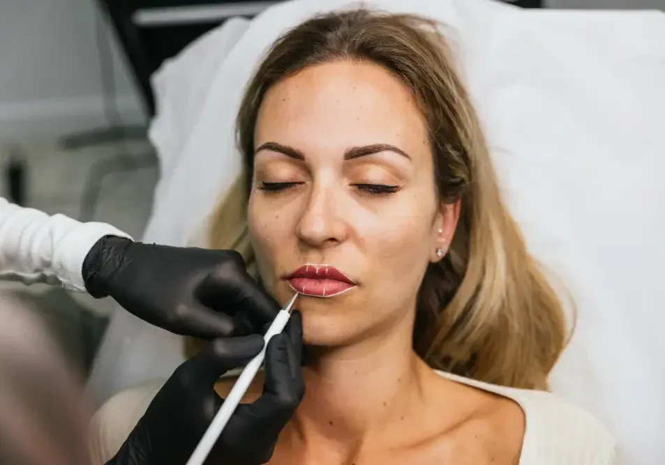 A technician carefully applies lip pigment with a machine, illustrating how the complexity of a procedure like lip neutralization affects the cost.