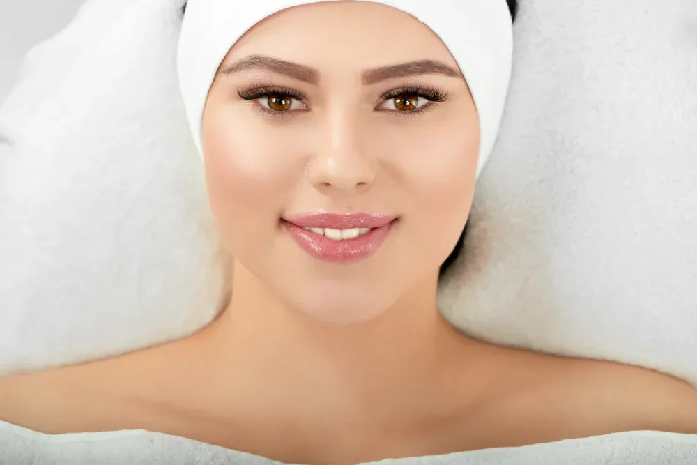 Relaxed woman with a headband smiling during a lash procedure.