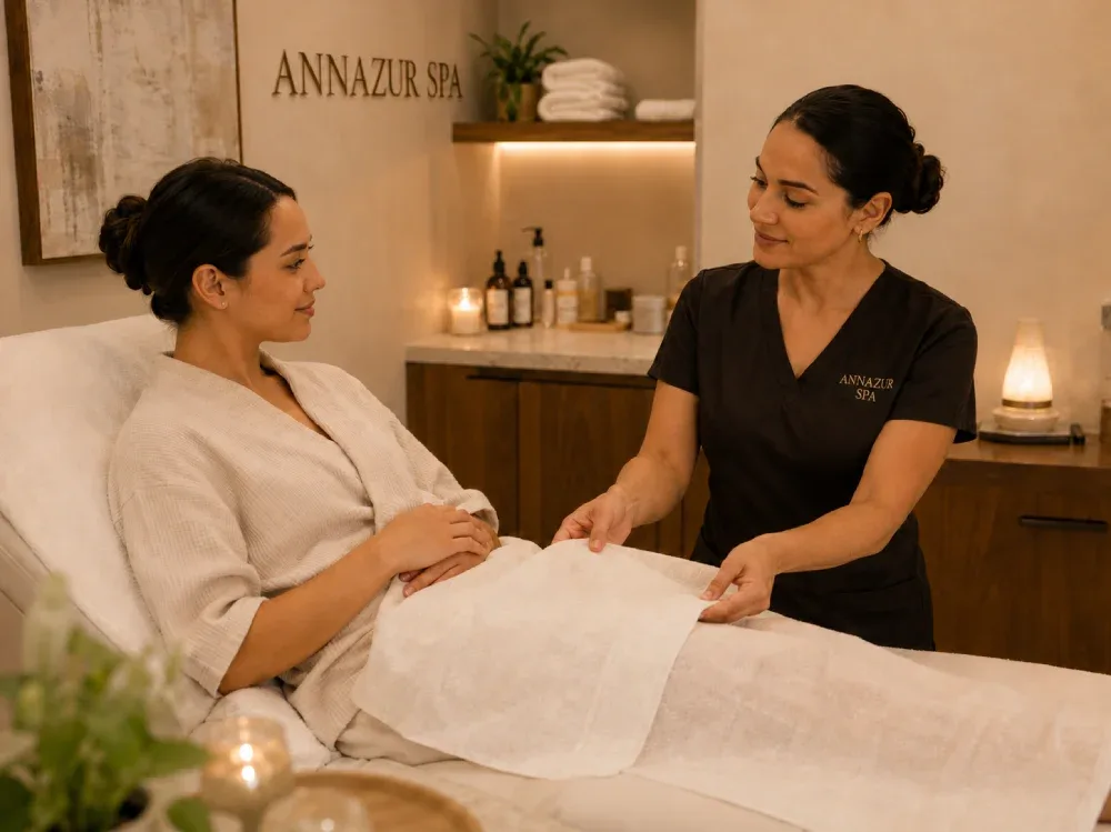 Client in a private ANNAZUR waxing room with a professional drape before bikini hair removal