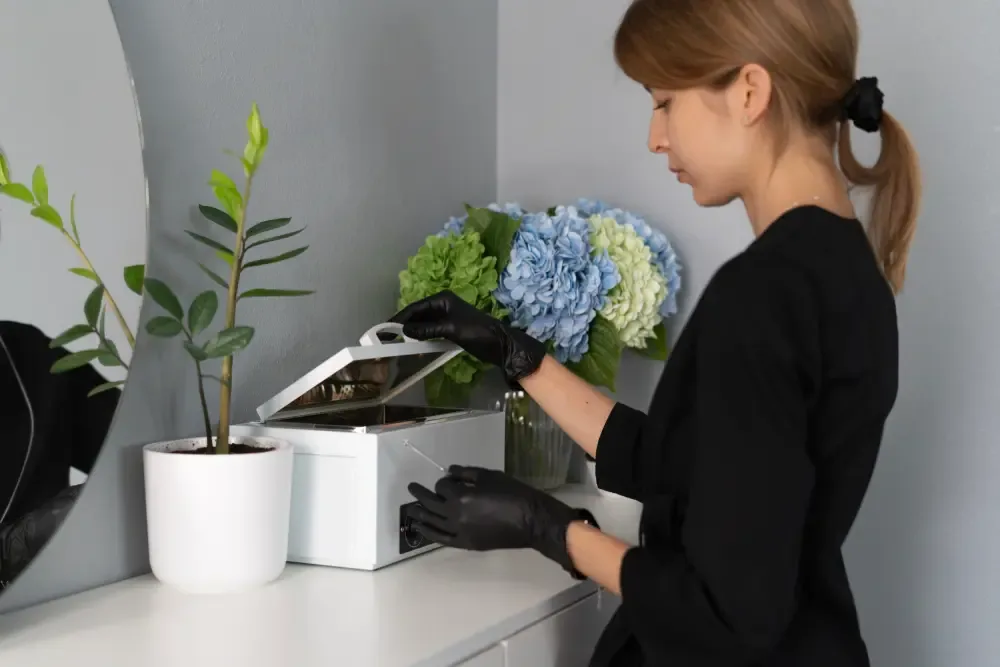 Lash technician placing salon tools into a sterilizer.