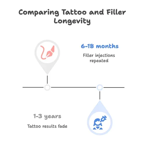 An infographic comparing the longevity of lip tattoos, which last 1-3 years, to lip fillers, which require repeat injections every 6-18 months.