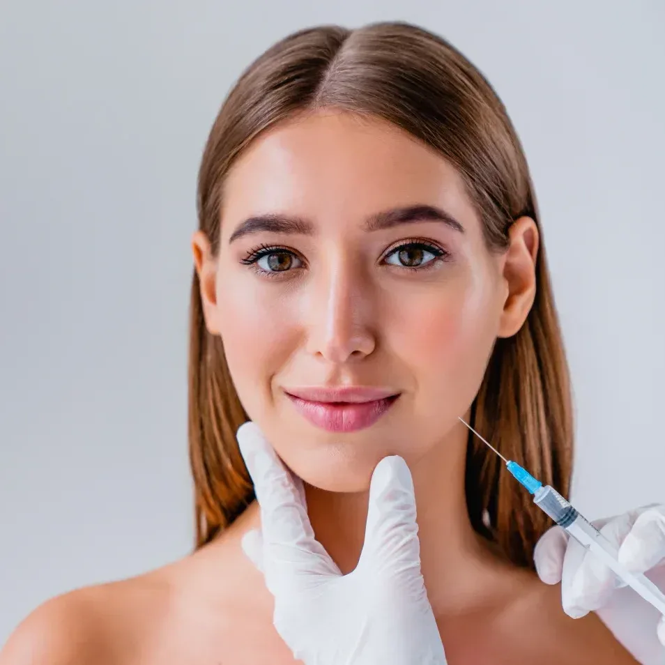 A woman receives a lip filler injection, where a gel is injected deep into the tissue, unlike the superficial pigmenting of lip tattooing.