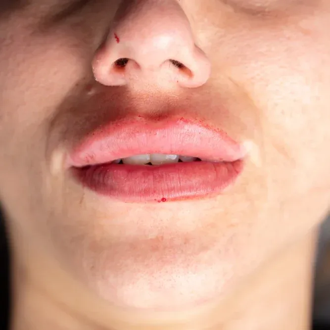 A close-up of swollen and bruised lips, illustrating the common recovery side effects, such as bruising, after a lip filler injection.