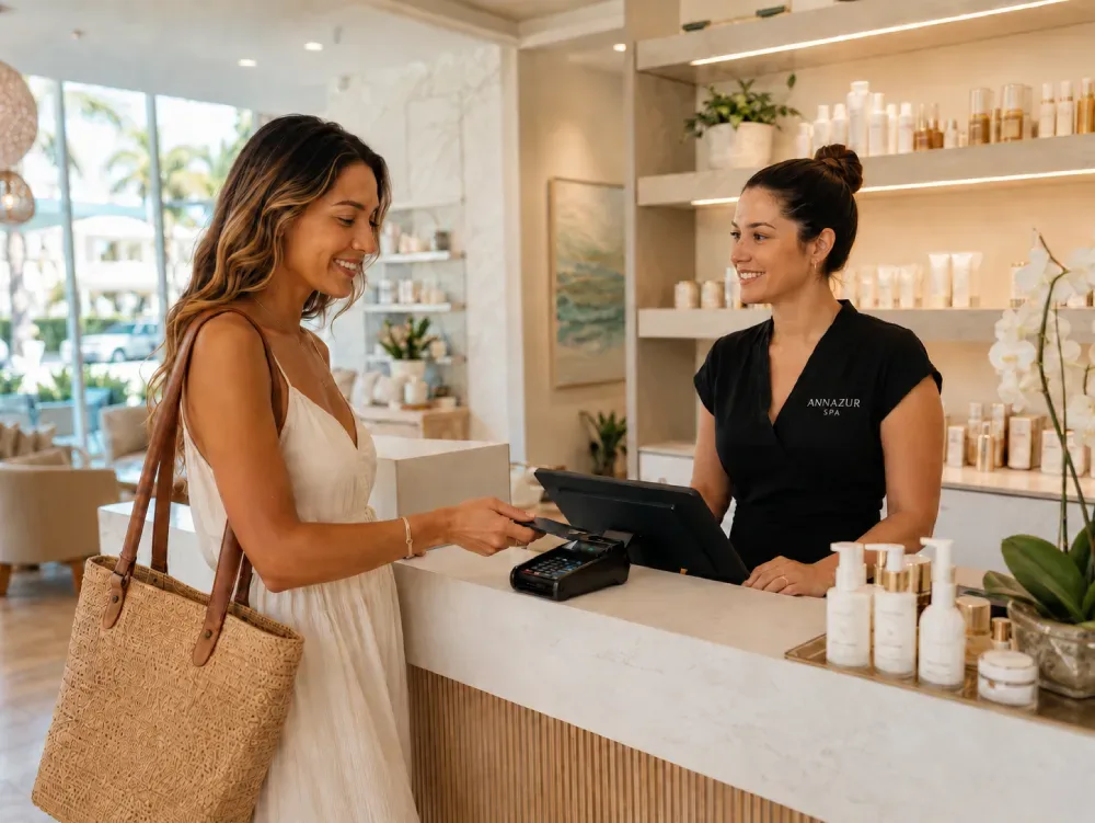 Client paying and leaving a tip after attentive beauty service care in a Florida salon