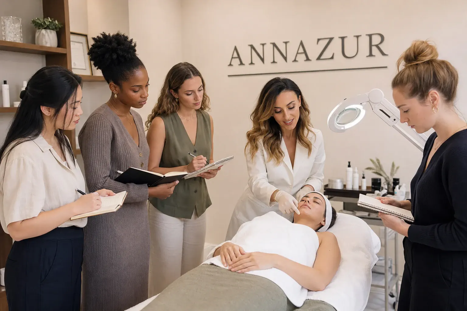 Ruzanna guiding students through a model's skin diagnosis around the treatment bed