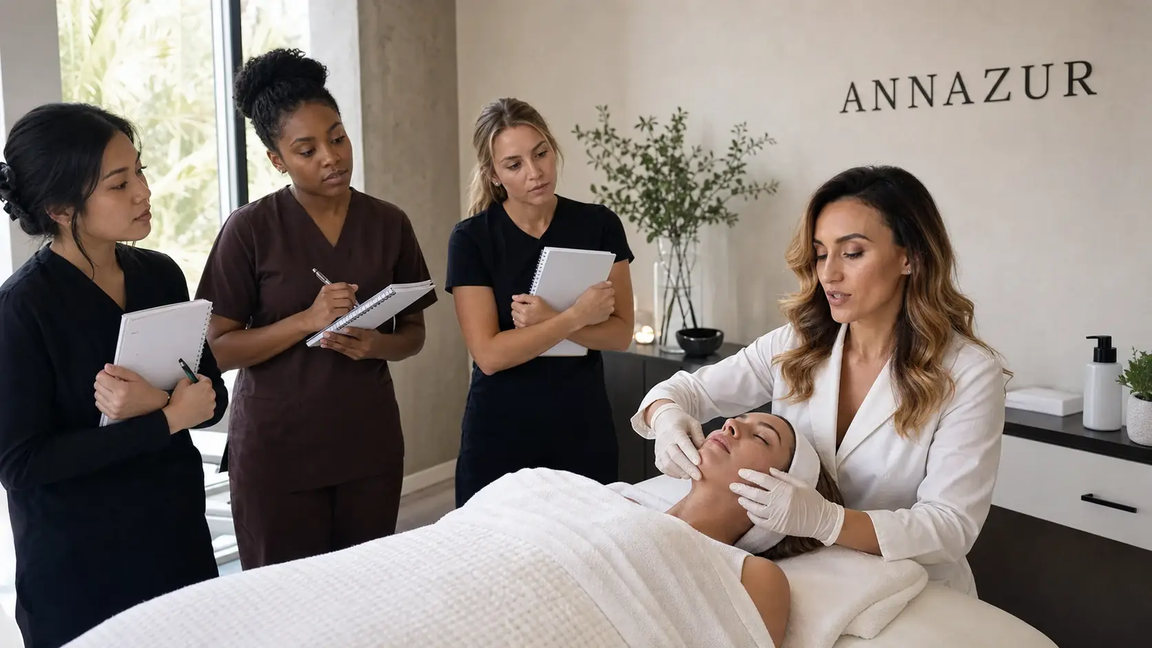 Ruzanna demonstrating facial-treatment technique while a student observes beside the treatment bed