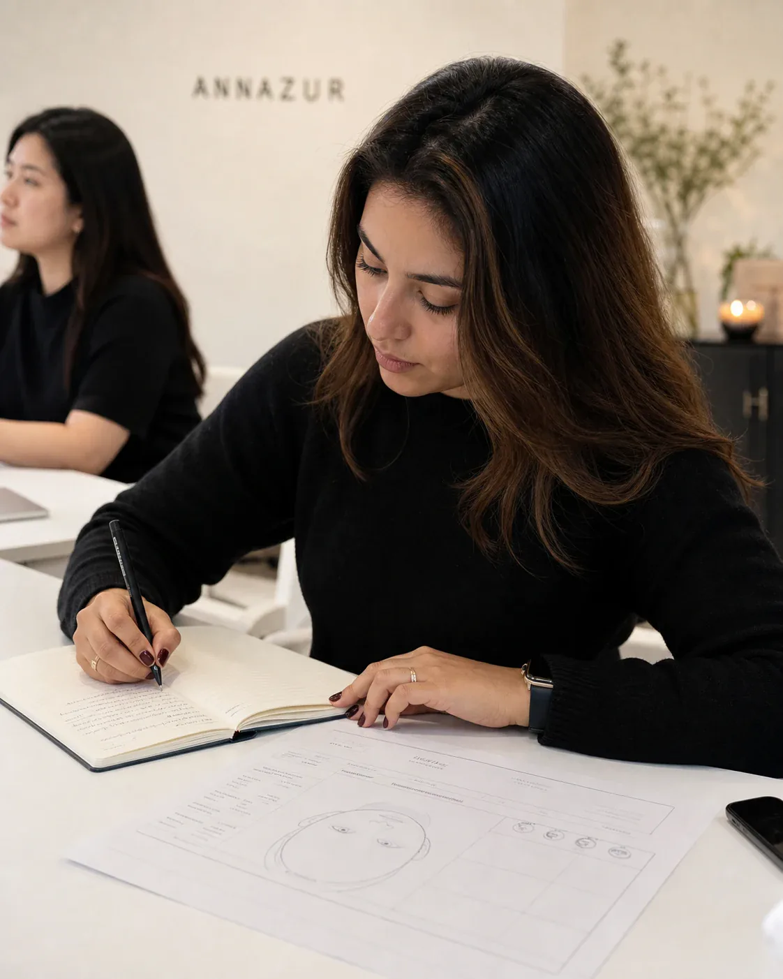 A facial-course student writing treatment notes during supervised training