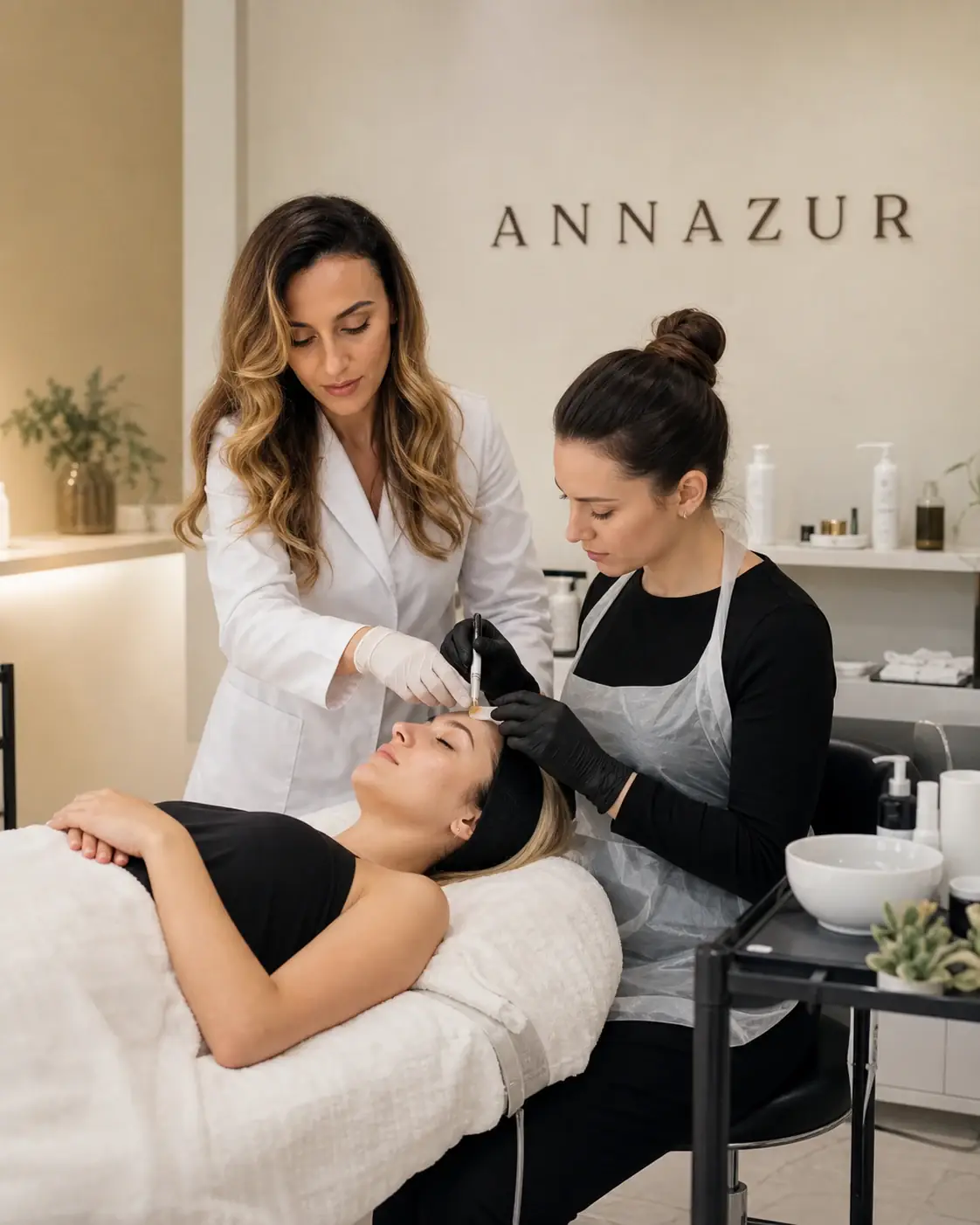 Ruzanna supervising a student performing hands-on facial practice on a model