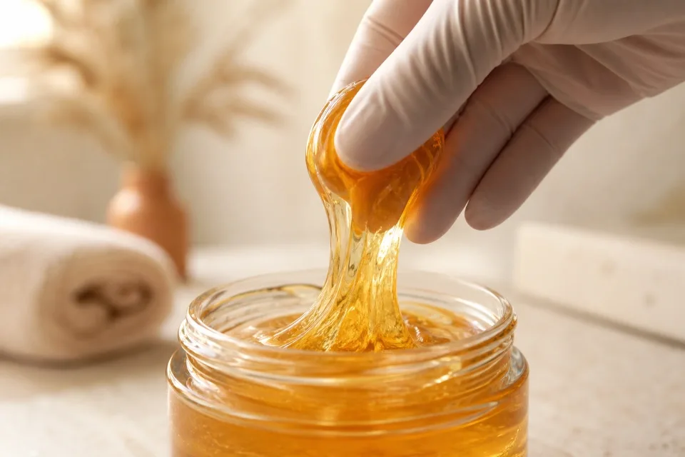 Golden sugaring paste at body temperature being lifted from a jar, showing the soft texture used on delicate bikini-area skin