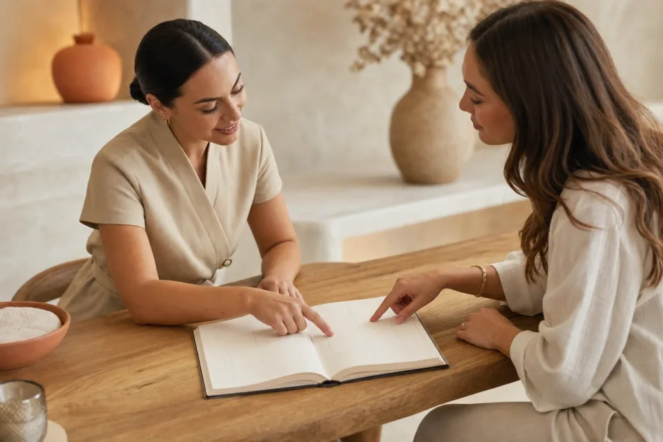 ANNAZUR specialist and client reviewing an appointment plan together before deciding whether to switch between sugaring and waxing