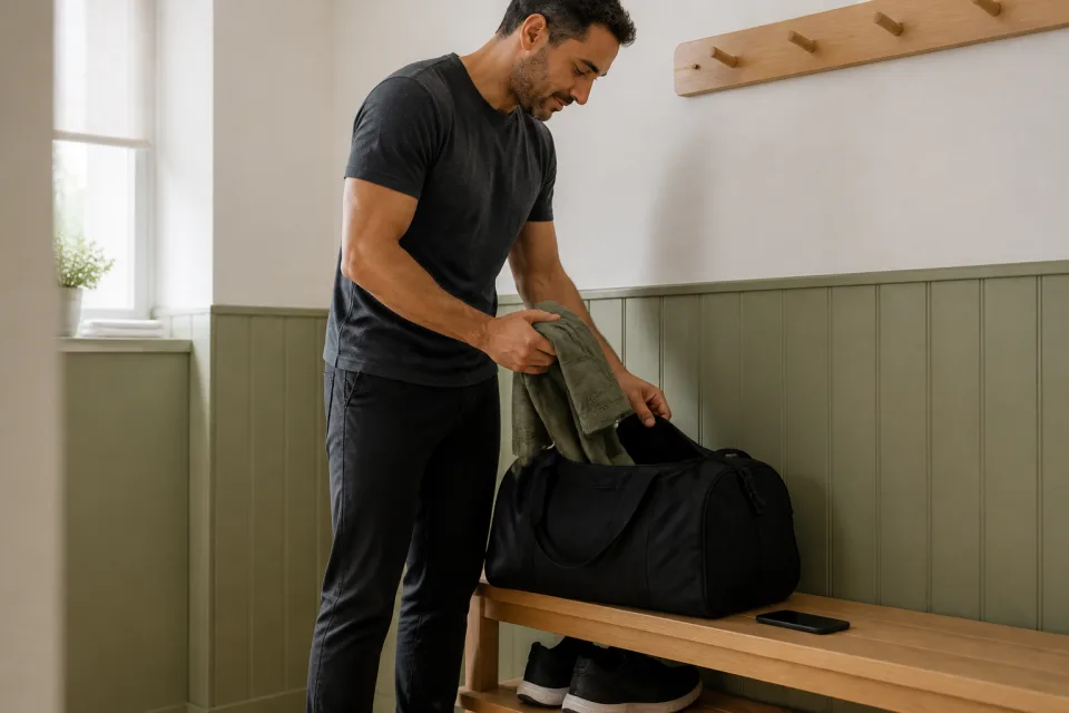 Male client packing a loose shirt into a gym bag while planning clothing and activity around an appointment