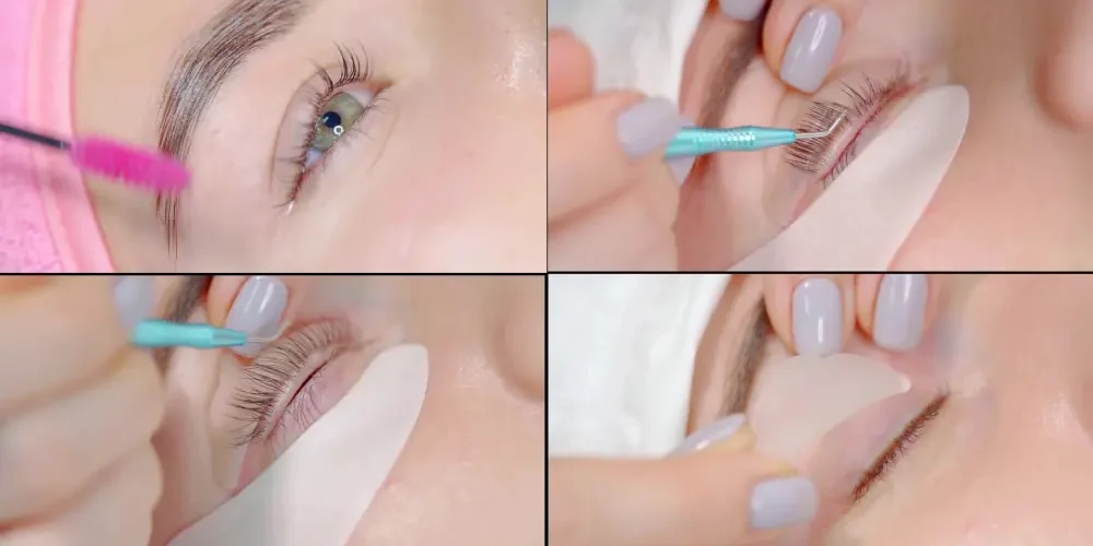 A four-panel collage showing the process of attaching artificial fibers to natural lashes during an eyelash extension procedure.