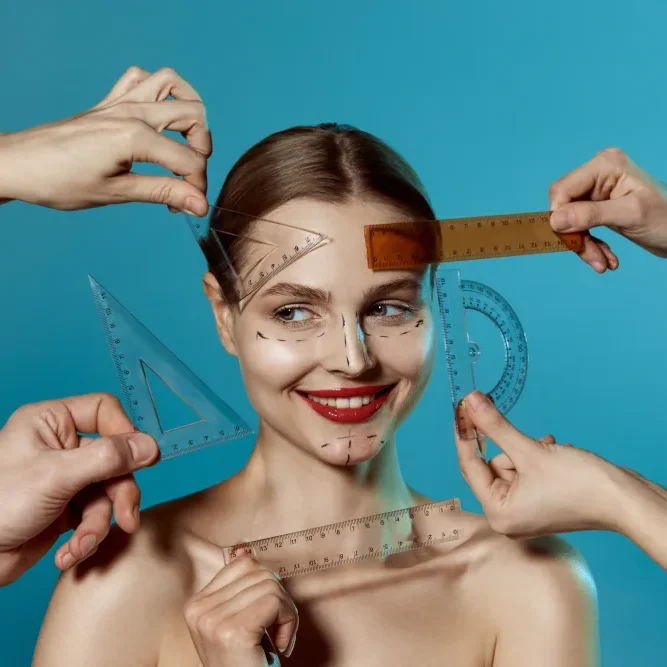 A woman's face is measured with cosmetic tools, illustrating how lip blushing improves the shape, symmetry, and definition of the lips.