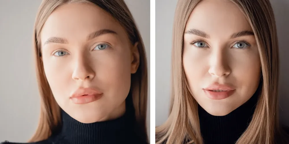 Eyelash Extensions: Before and After A side-by-side comparison of a woman's face before and after getting professional eyelash extensions.