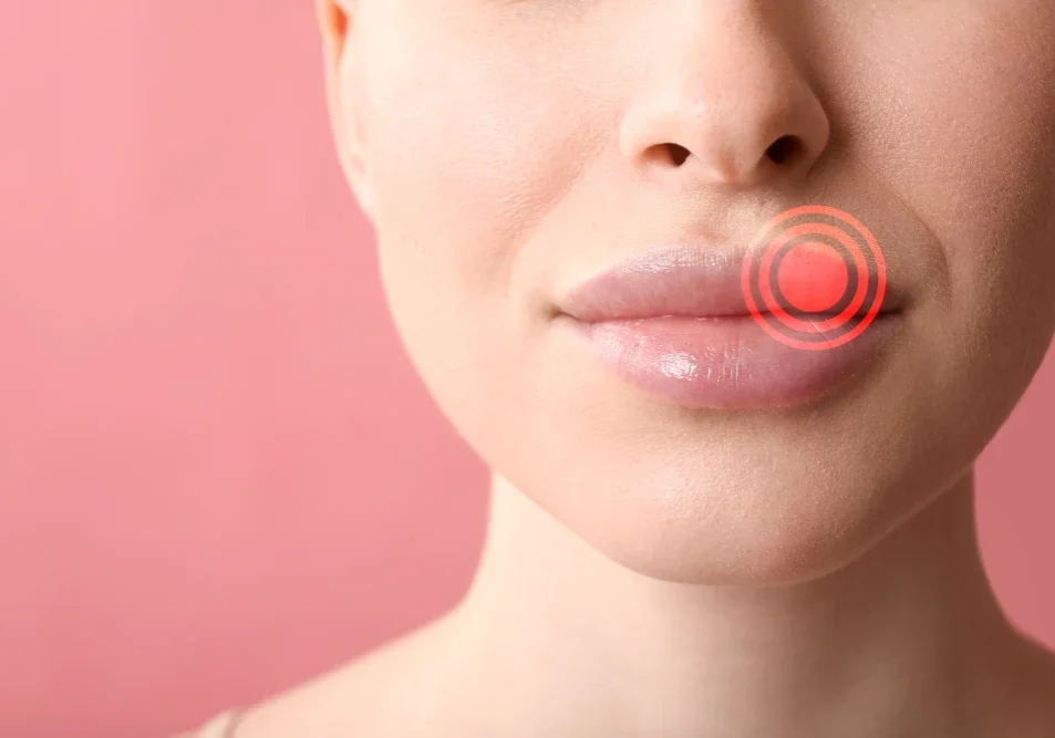A graphic highlights a sensitive point on a woman's lips, illustrating the potential for discomfort and pain during the lip tattoo procedure.