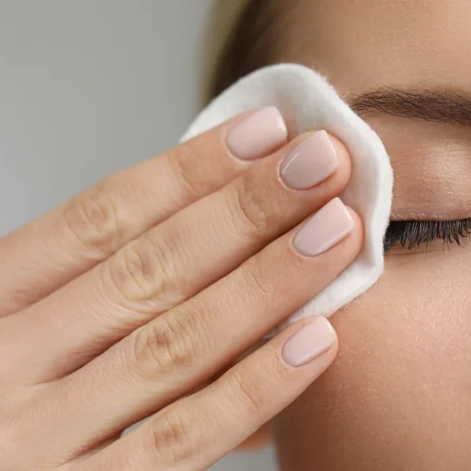 A woman gently presses a soaked cotton pad against her closed eyelid to dissolve makeup, demonstrating the correct removal technique for lash extensions.