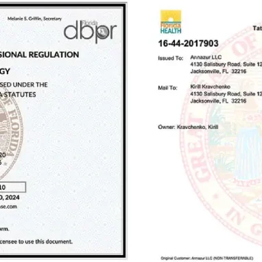 Examples of Florida State permanent makeup licenses, illustrating the necessary documentation for a certified PMU artist.