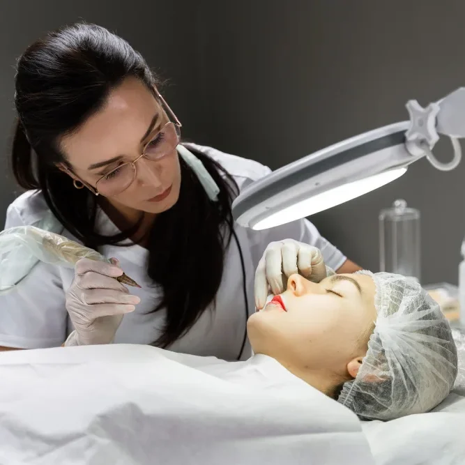 A technician performs a PMU procedure, illustrating strict adherence to hygiene and safety protocols with disposable barriers and gloves.
