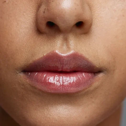 A close-up of healed lips after a procedure, illustrating the importance of studying healed results in a portfolio to assess a PMU artist's skill.
