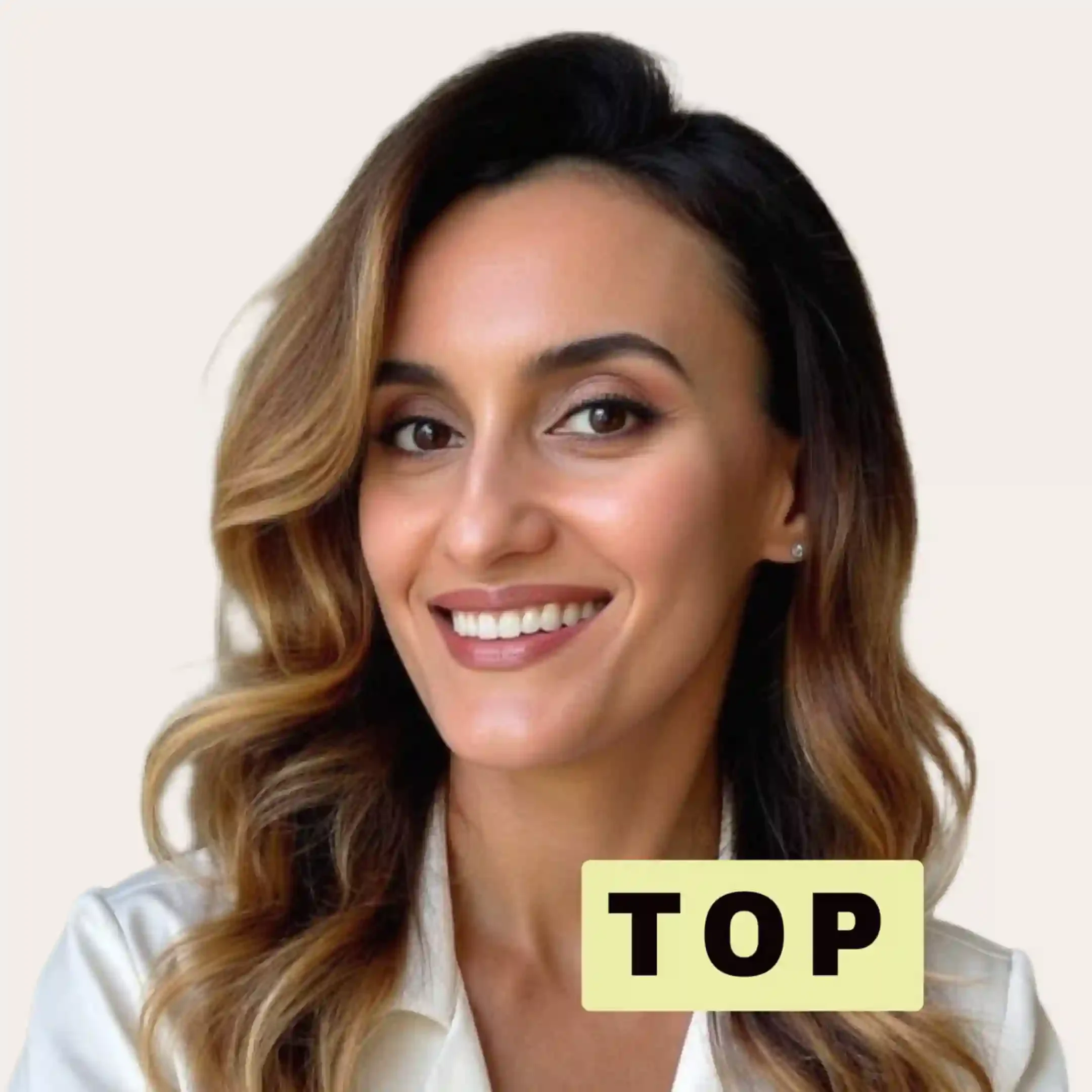 Smiling ANNAZUR founder Ruzanna with wavy hair, representing 17 years organic beauty expertise and european experience