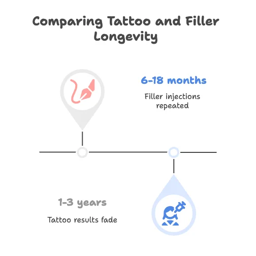An infographic comparing the longevity of lip tattoos, which last 1-3 years, to lip fillers, which require repeat injections every 6-18 months.