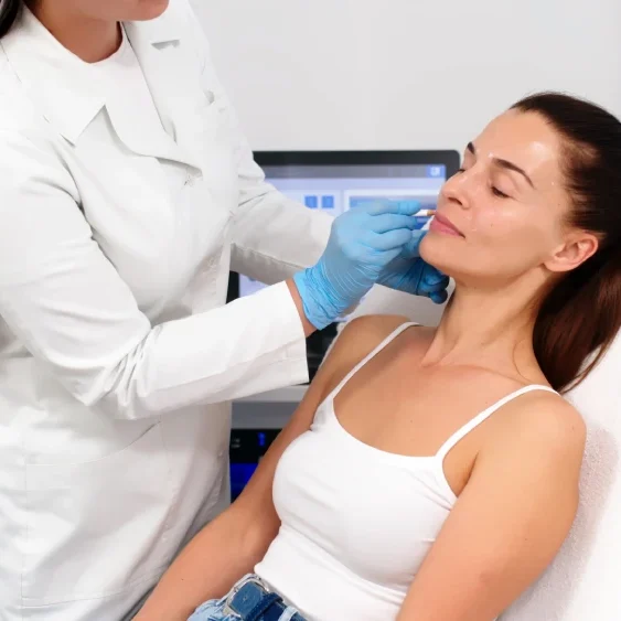 A technician performs a lip procedure, illustrating the importance of checking a specialist's training and qualifications.