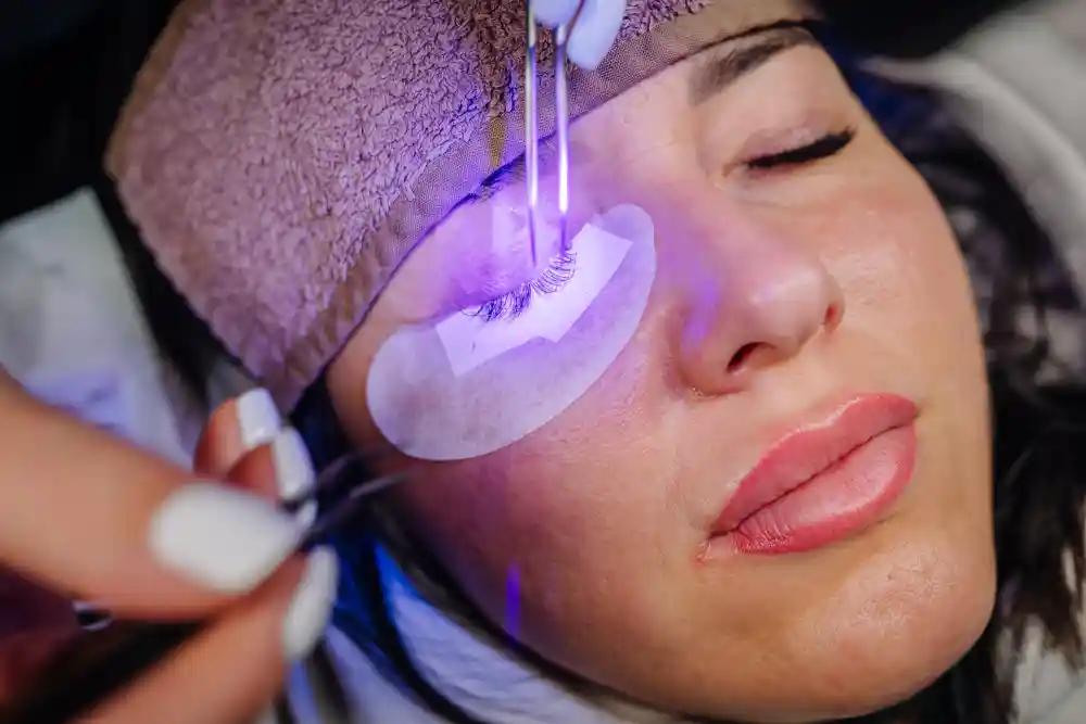 Client relaxes during UV/LED eyelash extension curing with protective eye pad and purple light activation