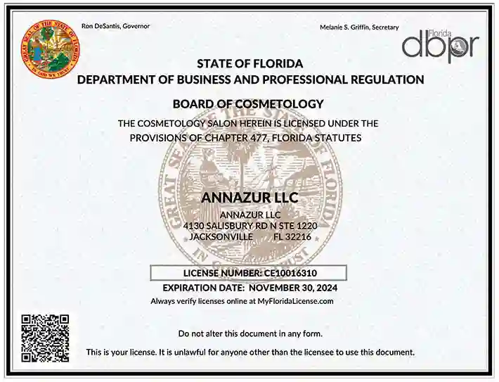 Official Florida Department of Business and Professional Regulation cosmetology license for ANNAZUR LLC displaying certification details
