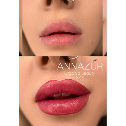Four-panel lip comparison displaying various color intensities and saturation levels after permanent makeup tattooing