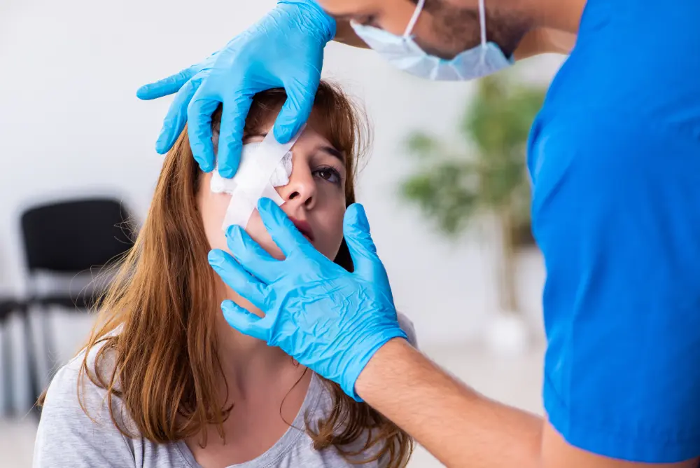 A medical professional attends to a client's eye, illustrating the increased risk of chemical burns from using DIY home lash kits.