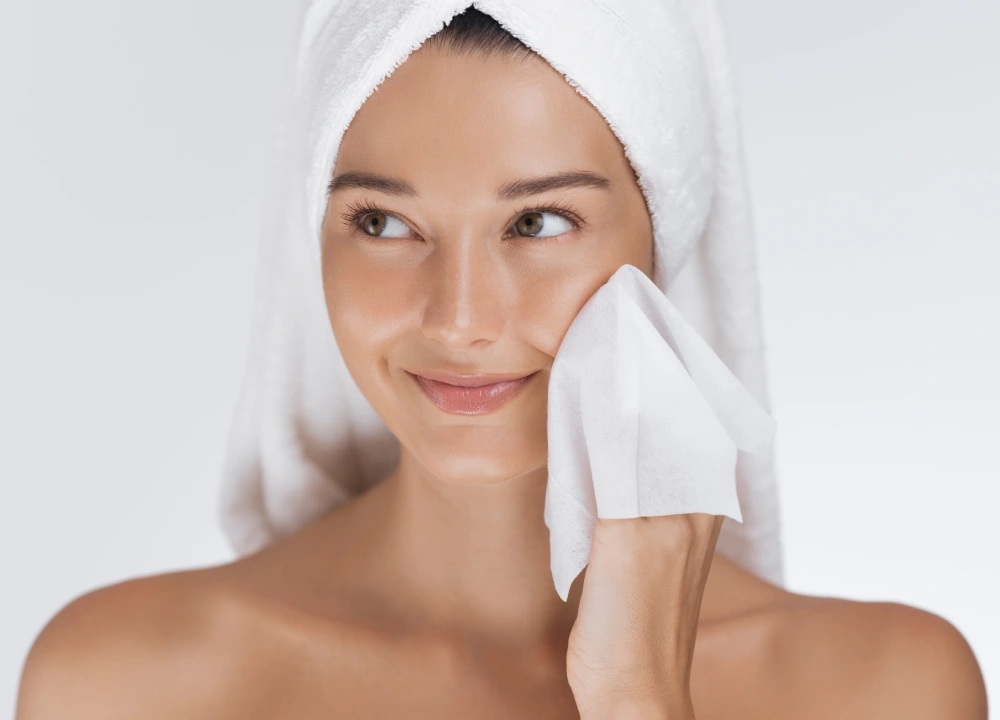 A woman gently pats her face with a soft towel, demonstrating the proper daily aftercare routine for lash extensions.
