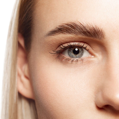 Close-up of a woman with symmetrical groomed eyebrows after a keratin lamination treatment.