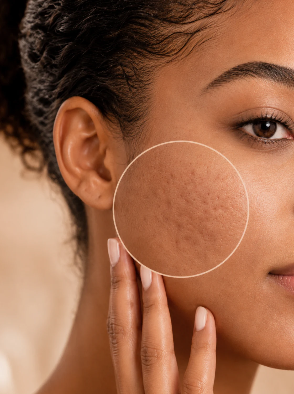 Close-up of post-acne texture and visible pores on the cheek, showing skin concerns microneedling may help refine