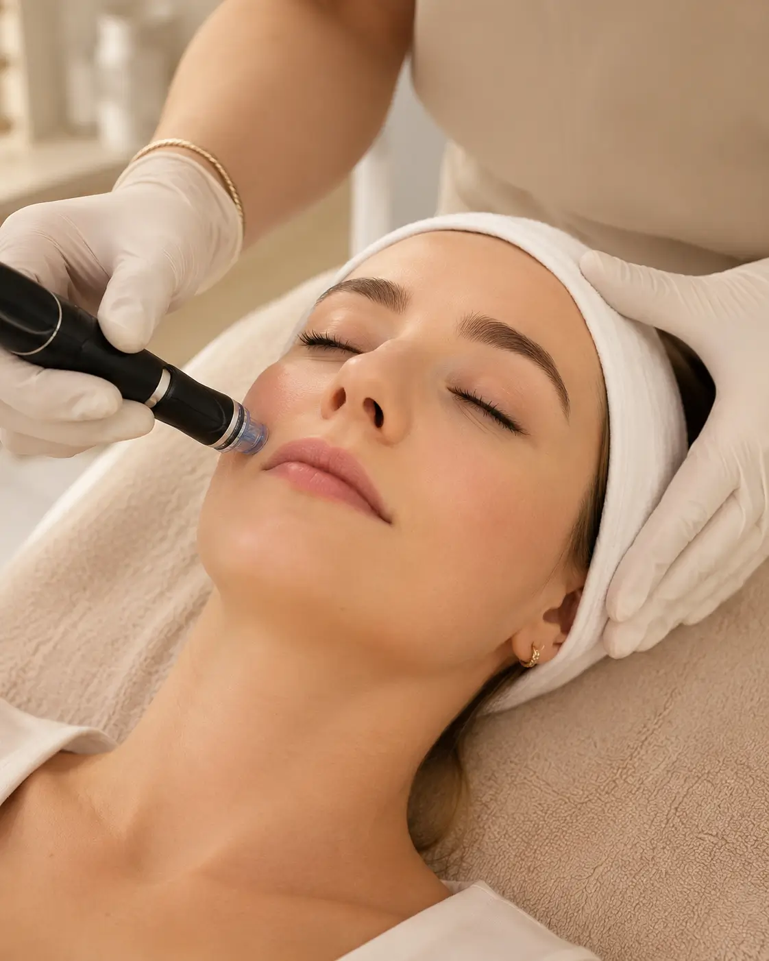 Woman in a light robe with smooth glowing skin after microneedling care for refined texture and renewed skin